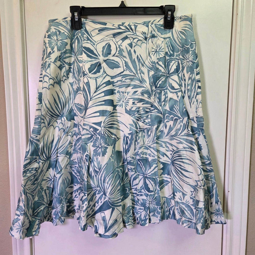 Ann Taylor Blue White Tropical Floral Cotton Midi Skirt Size 12 Flounce Hem